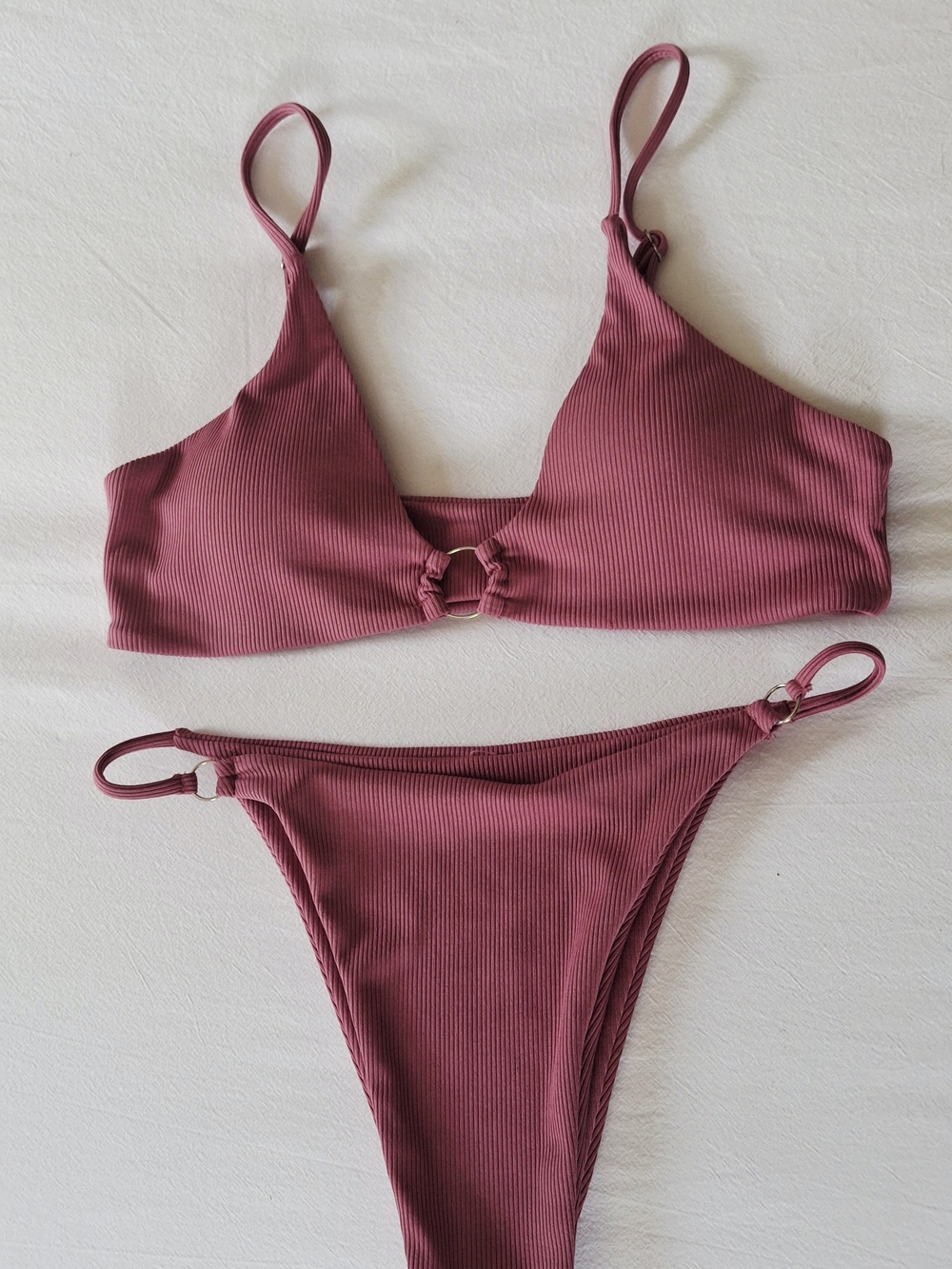 Zaful Ribbed Mauve Bikini Set - Women's Swim